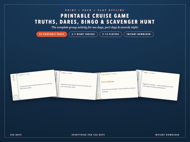 Printable cruise game cards: truth, dare, and challenge cards fanned out