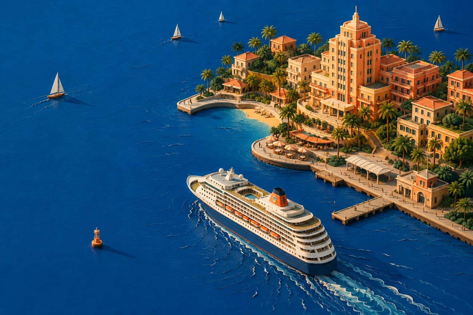 An imagined harbor with a departing cruise ship