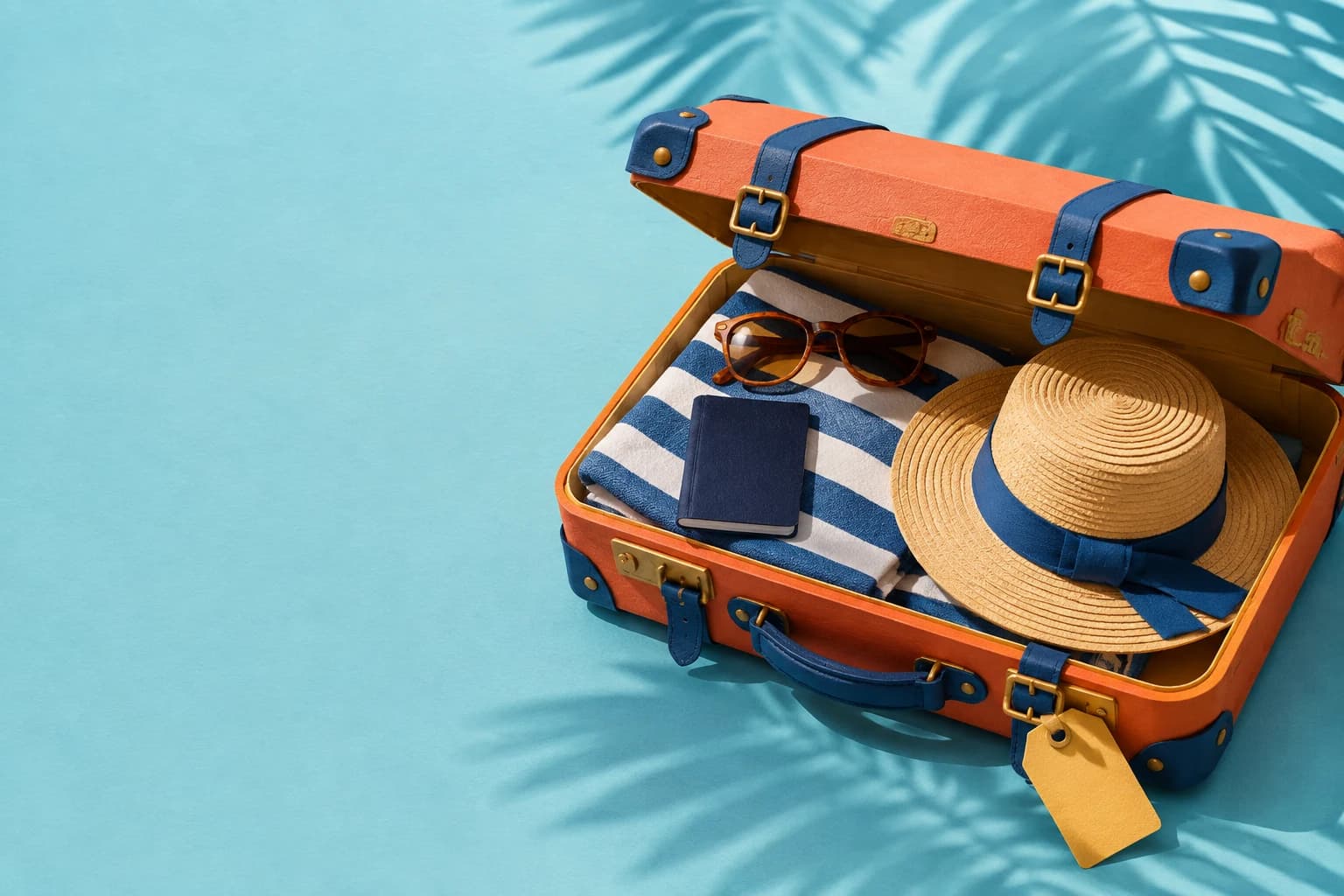 Illustrated suitcase, sunhat, travel booklet and beach towel